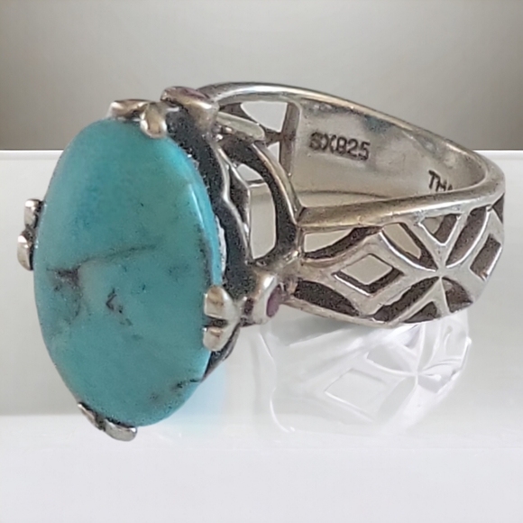 Red Wolf Moon Prints Jewelry - Hand Crafted Sterling Silver 925 Turquoise High Set Celtic Cross Geometric Ring